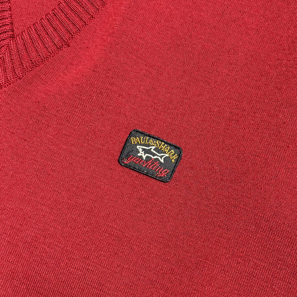 Vintage Paul & Shark Yachting Embroidered Branding Red V Neck Sweatshirt circa 1990's