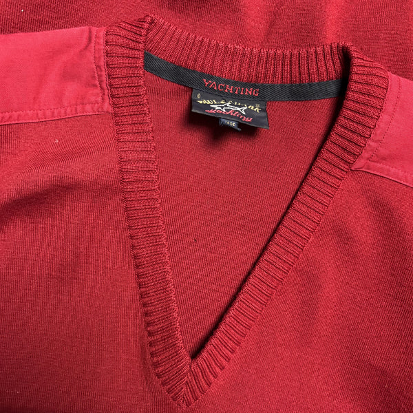 Vintage Paul & Shark Yachting Embroidered Branding Red V Neck Sweatshirt circa 1990's