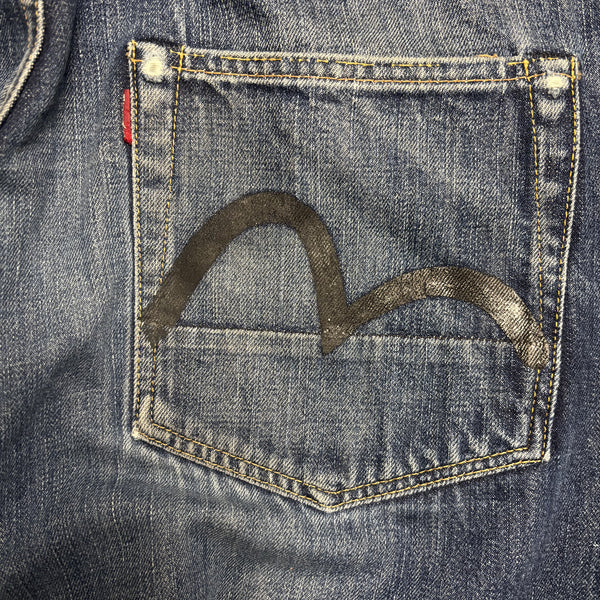 Vintage Evisu Made In Japan Black & White Painted Gull Denim Jeans circa 1990's